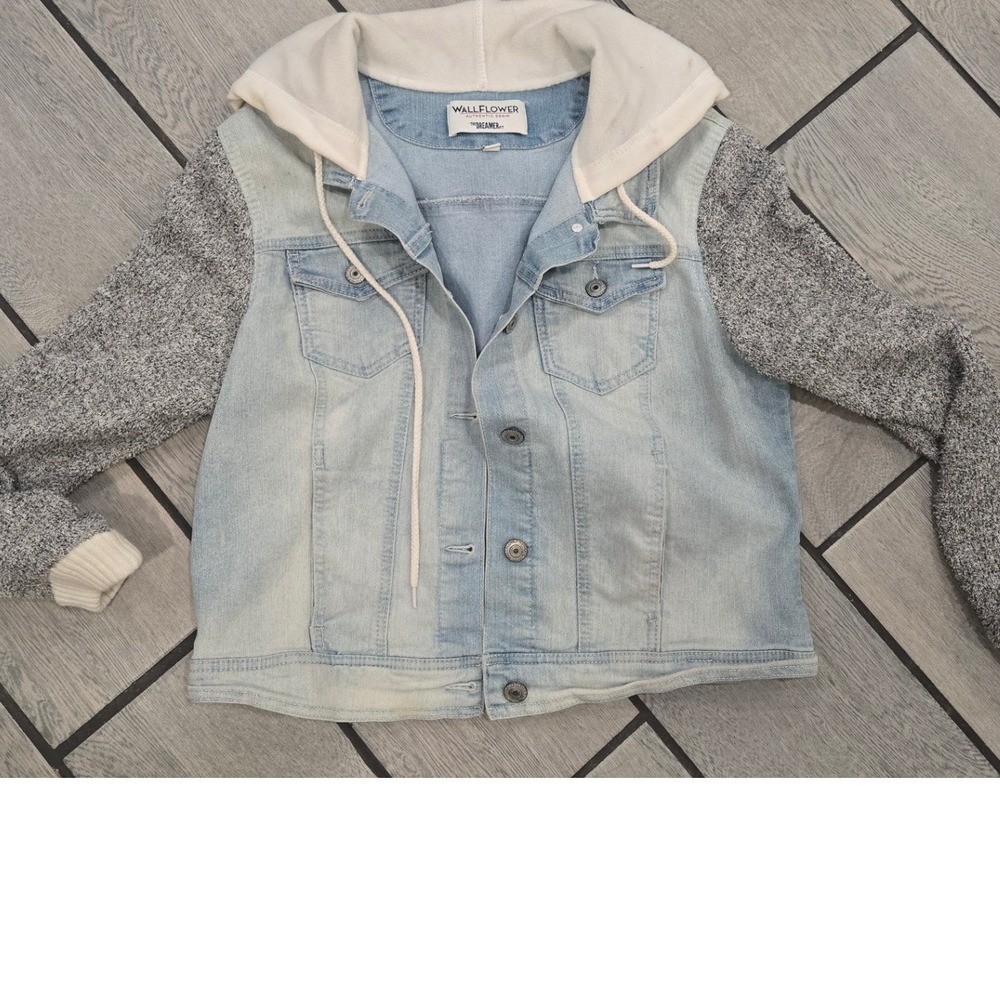 Wallflower The Dreamer Denim Jacket Mixed Media Knit Hooded Sleeves XL WFG13510T